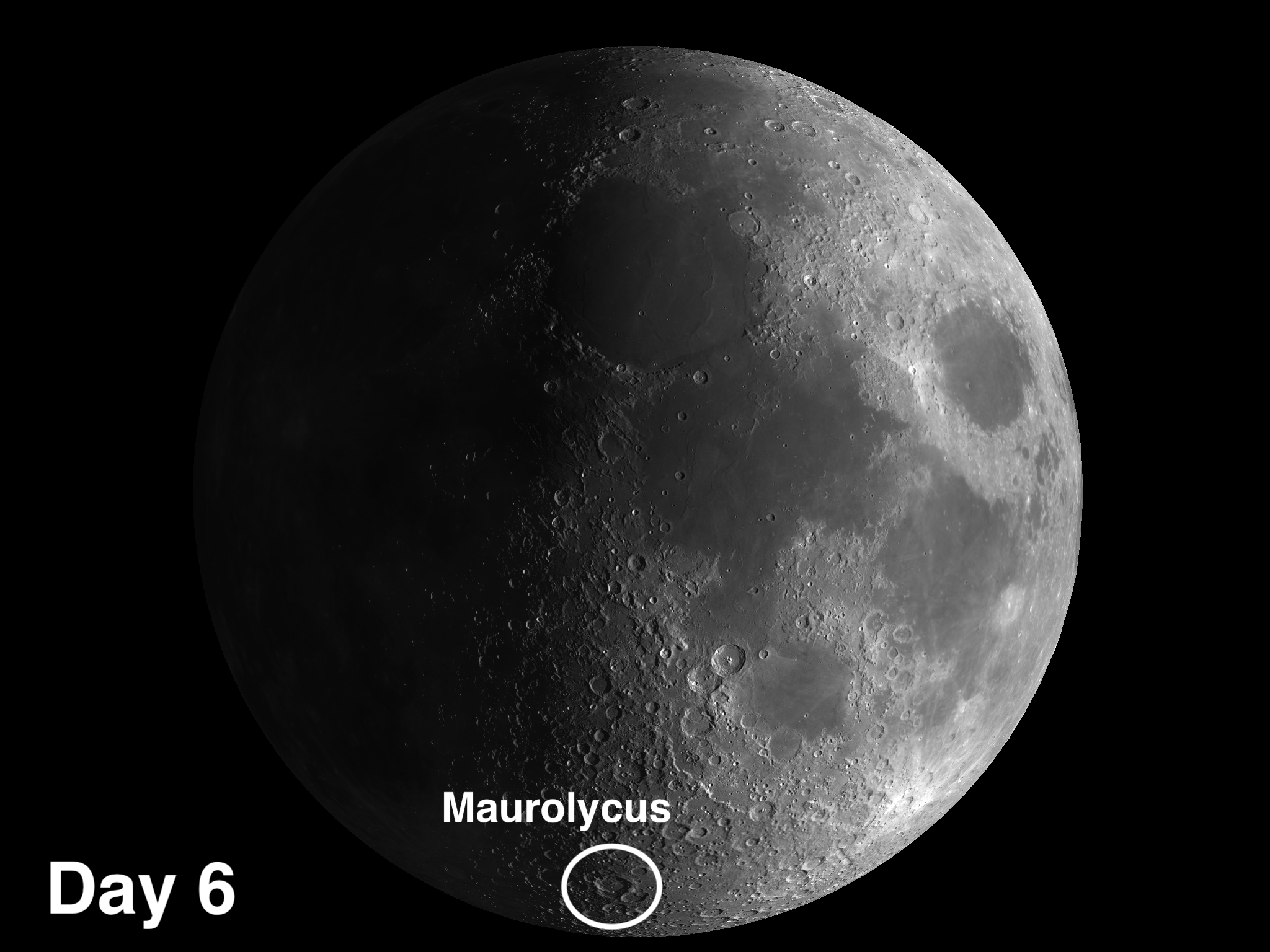 Day 6 Moon phase showing location of Crater Maurolycus