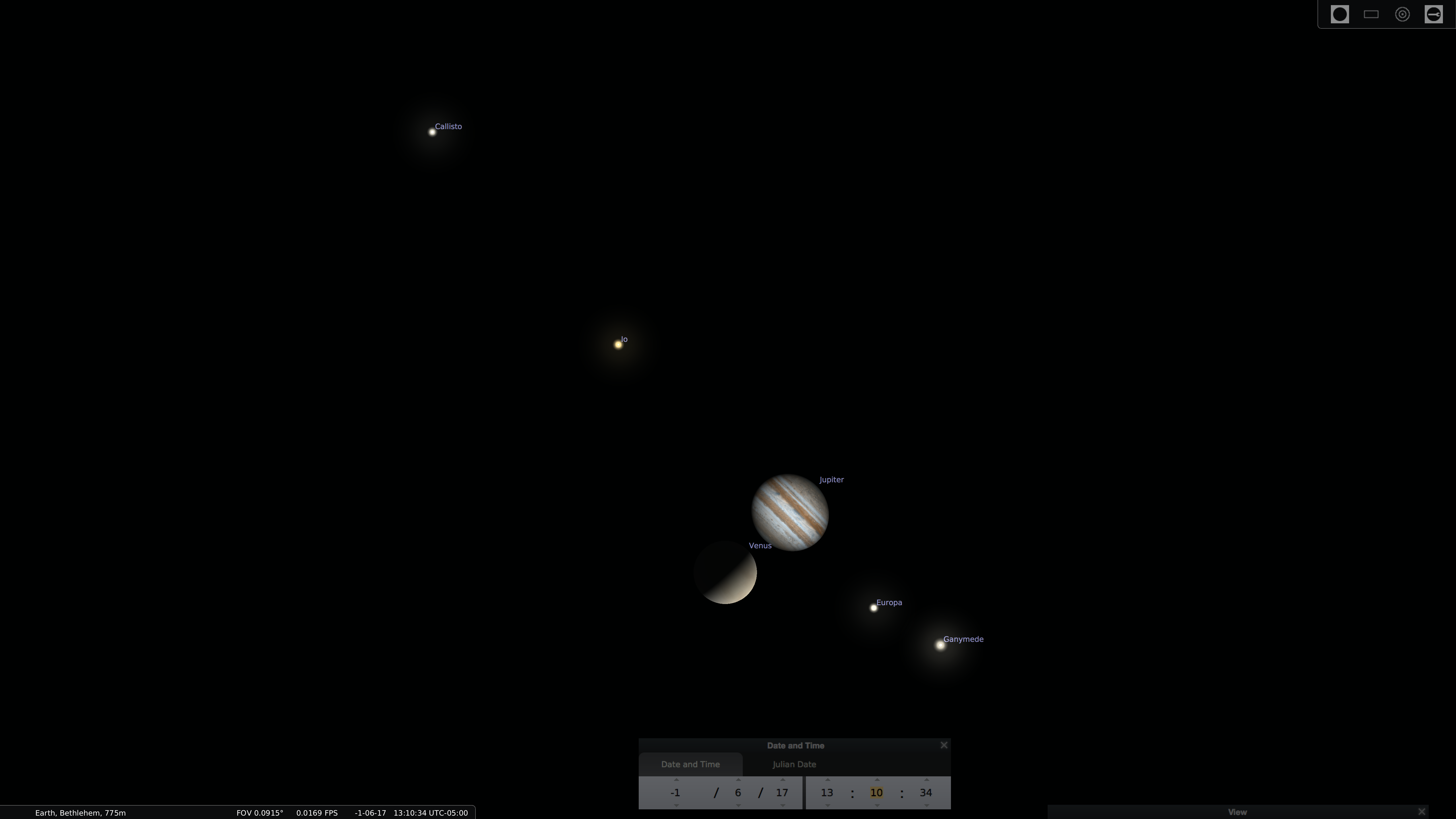 Stellarium simulation of a conjunction of Venus and Jupiter on June 17, 2 BC