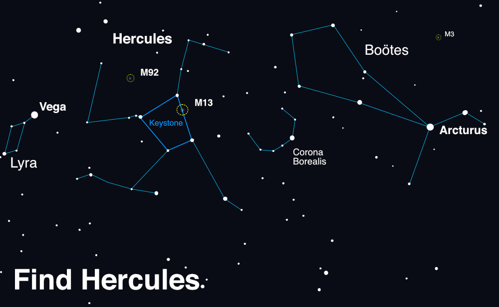 Star chart of Hercules with globular clusters M92 and M13