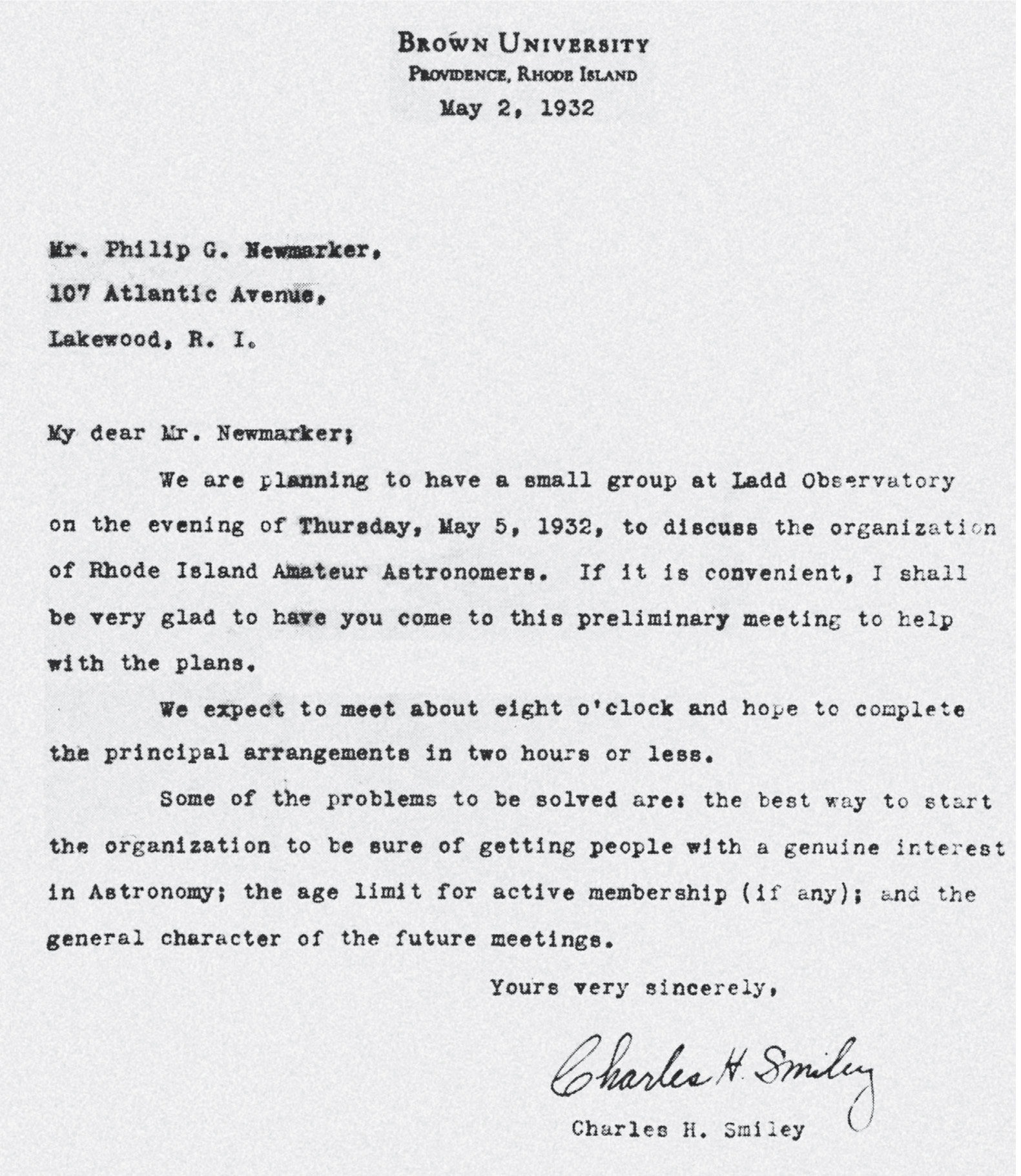 Letter from Smiley to Newmarker invitation to the first meeting of the Skyscrapers, May 2, 1932